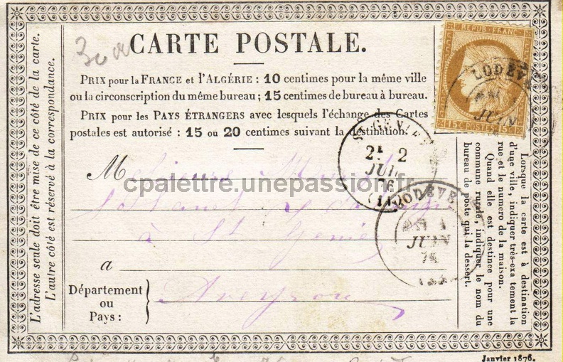 Agrandir Cartes postales pionnières(2) 1876 facea